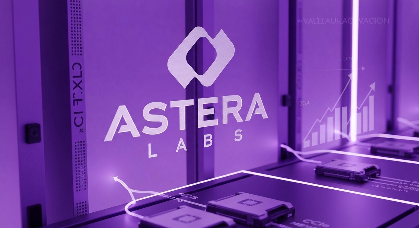 Logo in frosted glass with PCIe lanes and CXL memory, purple data center glow, GPU silhouettes and subtle growth arrows