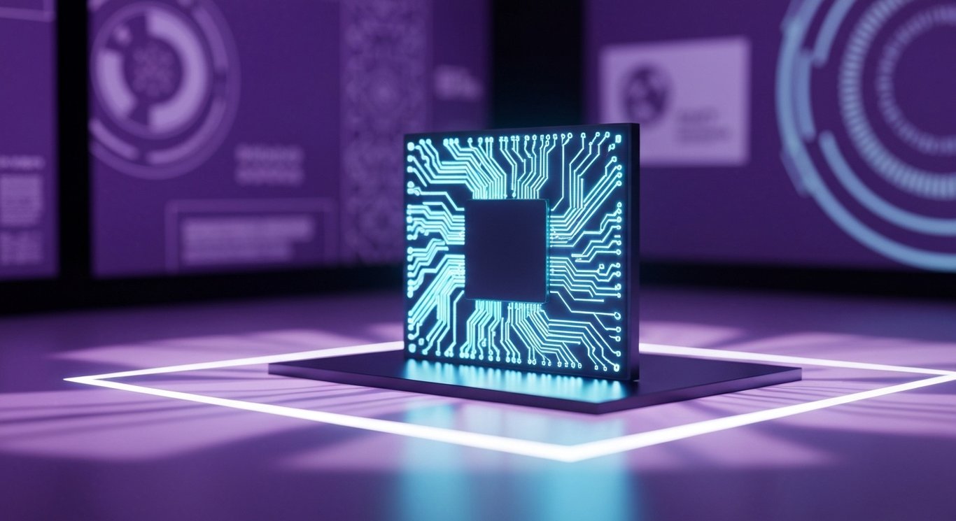 Computer chip with glowing circuits on a futuristic desk and a soft purple-themed background