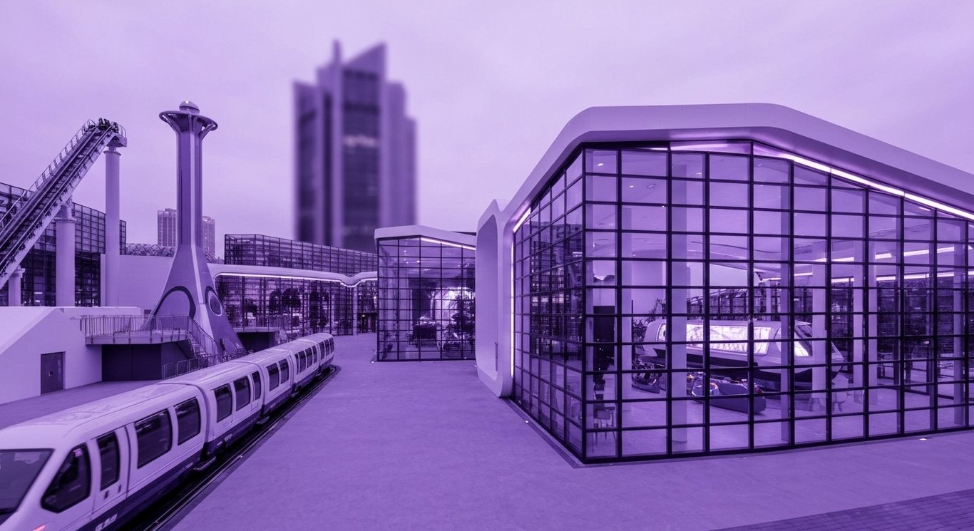 Modern amusement park with futuristic rides and immersive attractions in a purple-themed minimalist setting