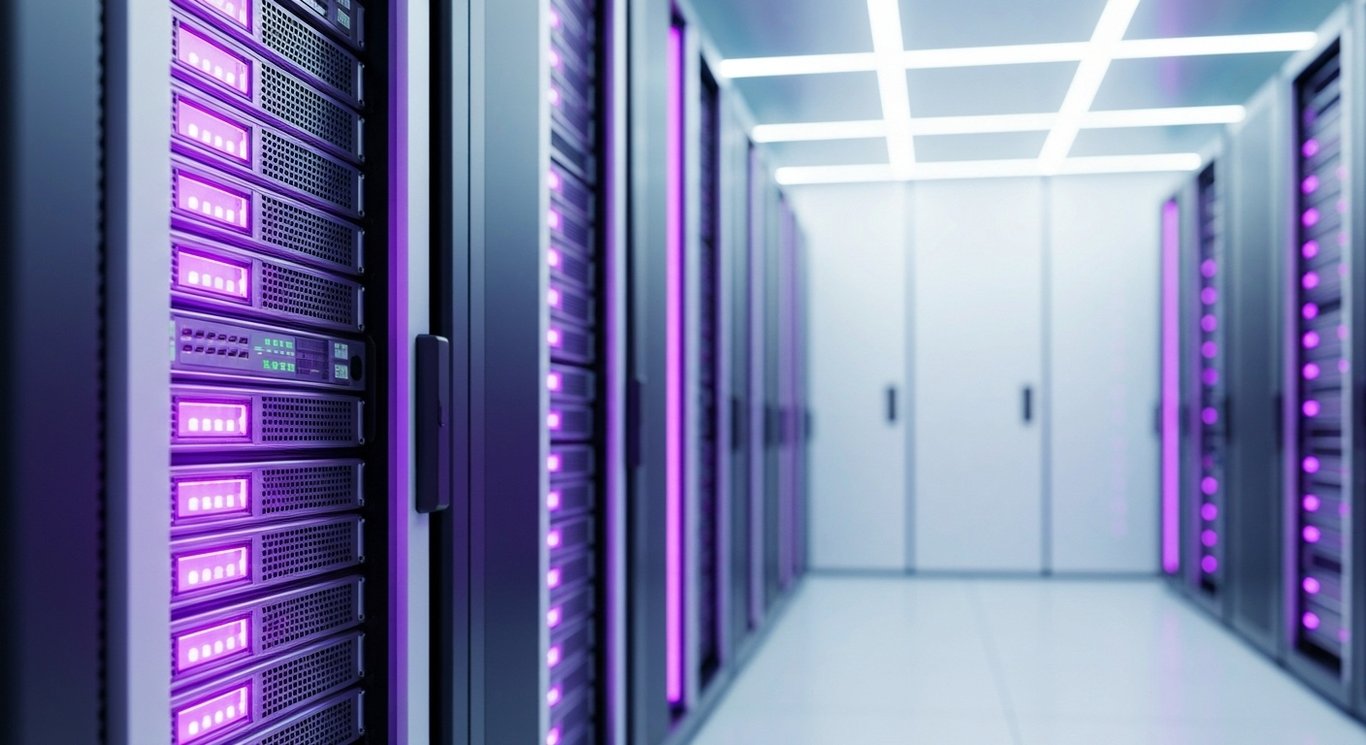 Digital security server racks in a sleek data center with a soft purple glow