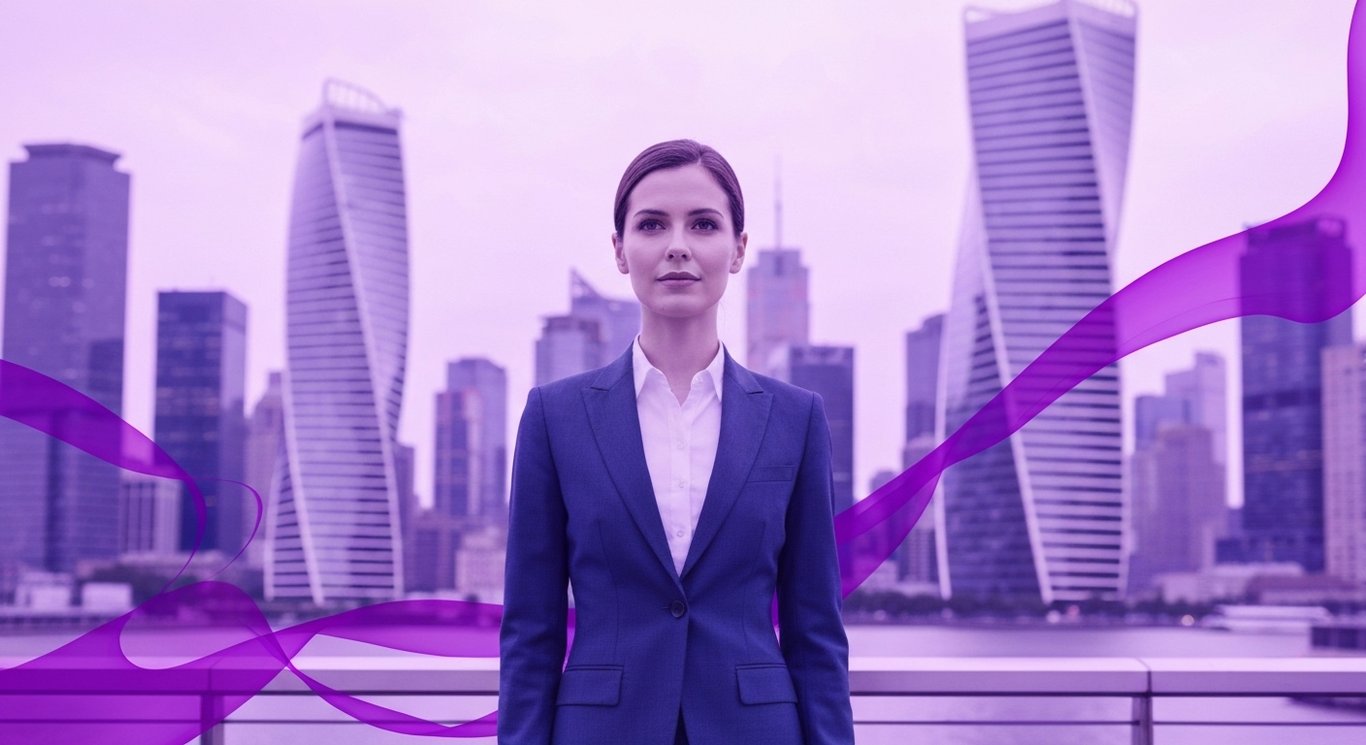 Businesswoman in suit stands before city skyline with soft purple hues in the background