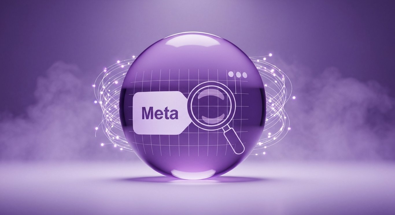Meta tag icon and magnifying glass in purple glass, SEO meta description concept for content strategy and web publishing