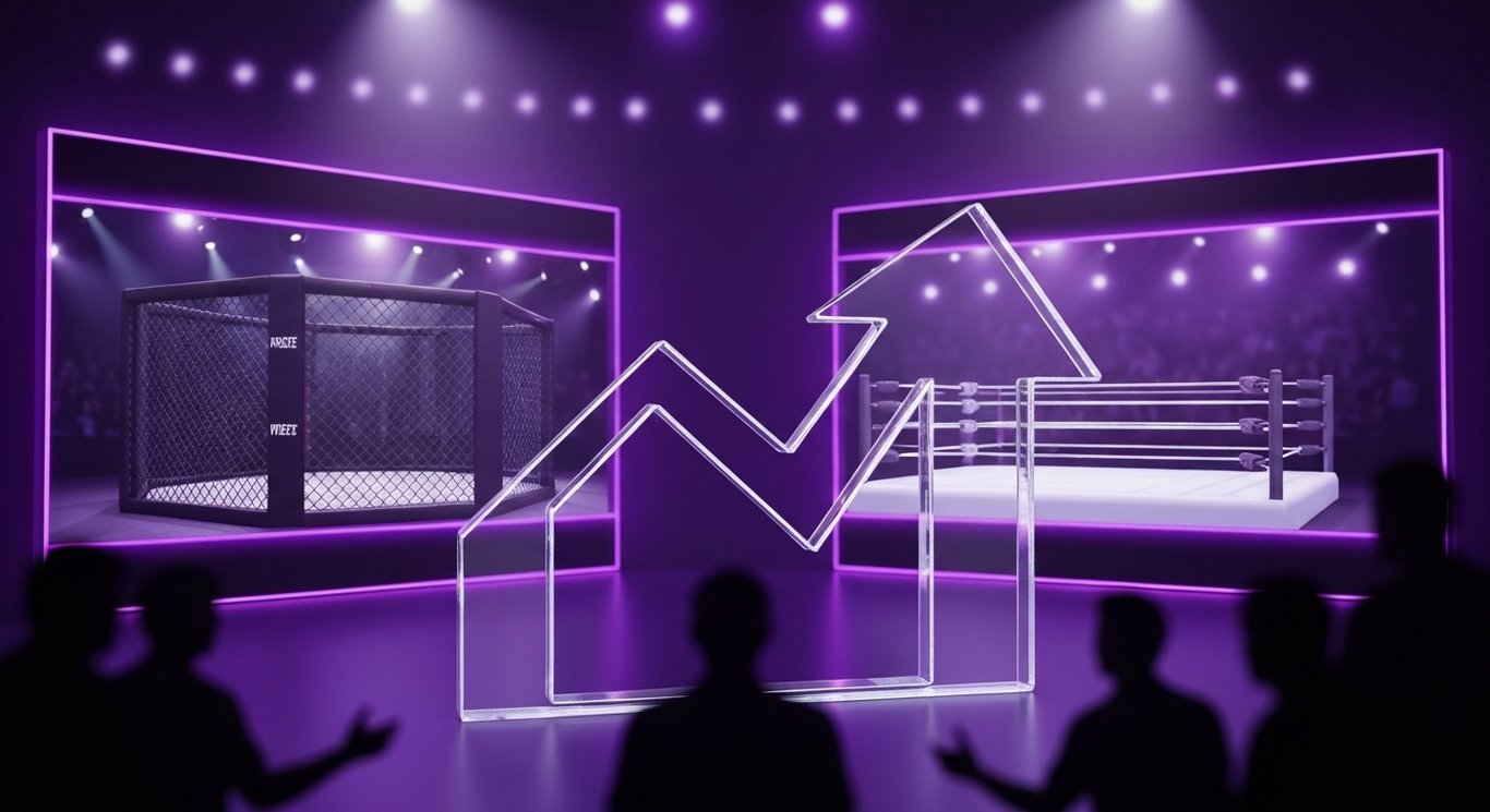 Arrow before split scene with combat cage and wrestling ring on glowing streaming screens with faint audience silhouettes