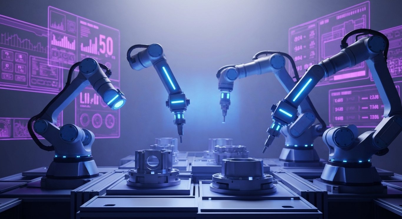 Industrial robotic arms assembling machinery in a smart factory with glowing digital interfaces in purple tones