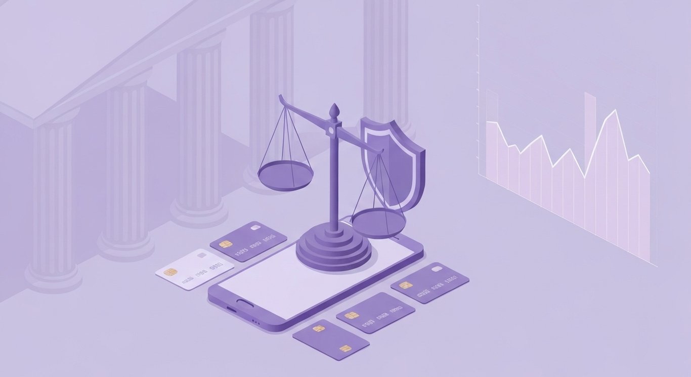 Scales and shield hover over a smartphone with credit cards, faint courthouse columns and subtle purple gradient background