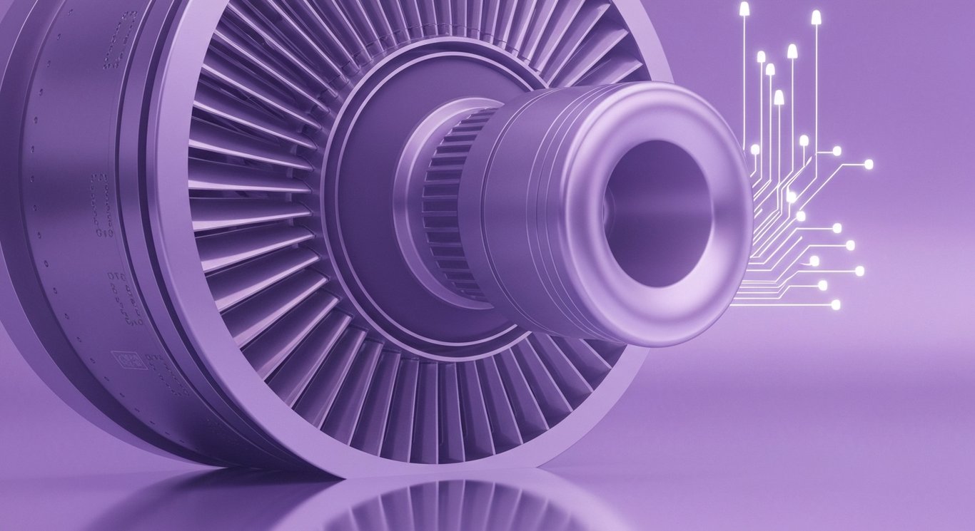 Jet engine turbine with electric motor on reflective surface, soft purple gradient with circuitry and ascending light trails