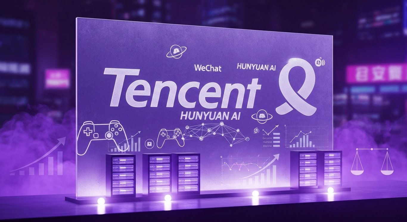 Company logo in frosted glass amid AI mesh, gaming and advertising symbols, server glow and growth cues in purple haze