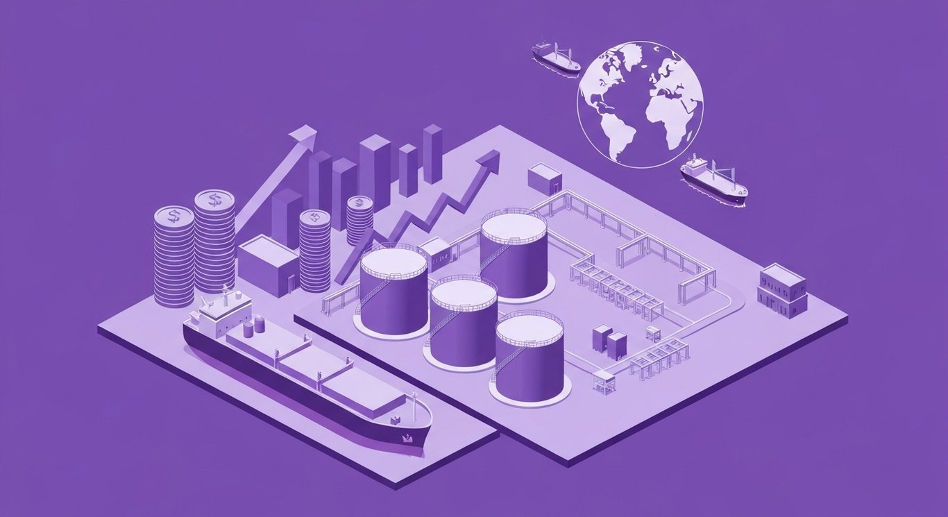 Liquefied natural gas export terminal by the sea with storage tanks, a carrier ship, coins, arrow, and a glowing globe