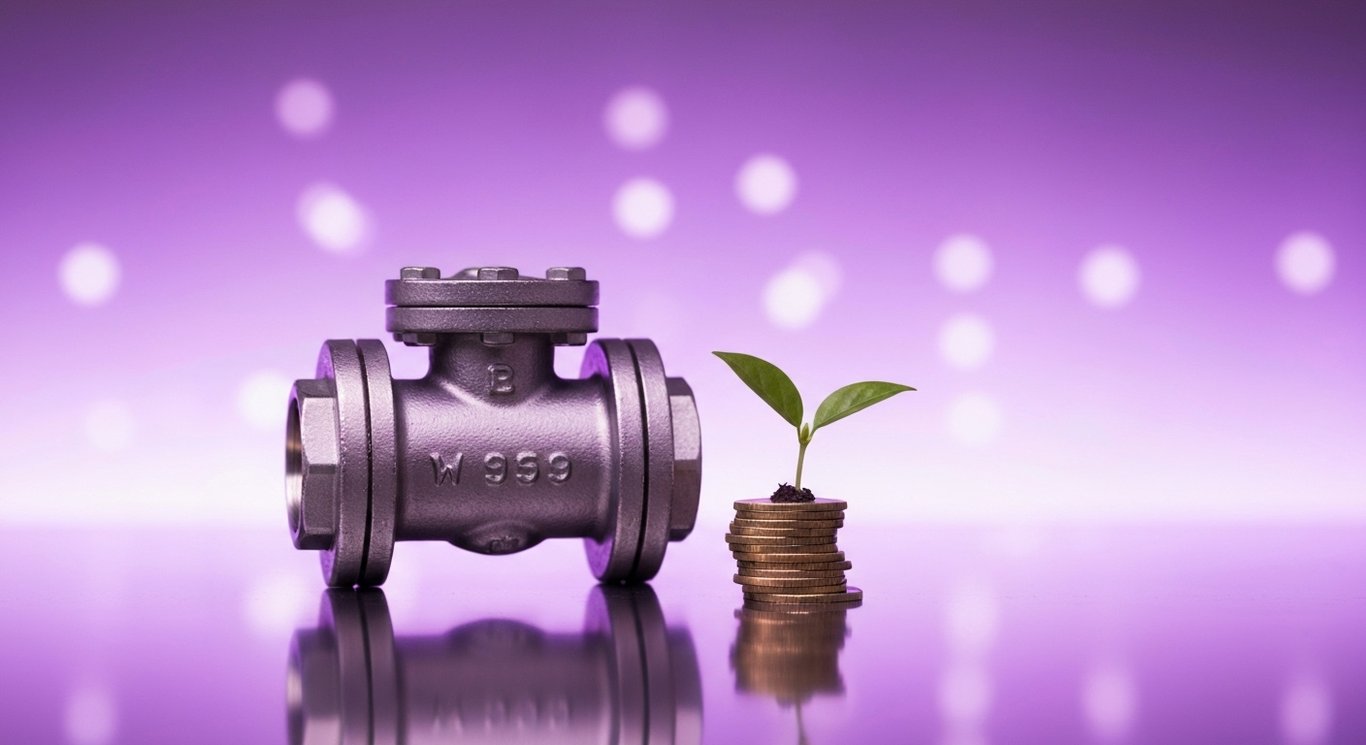Steel pipeline valve beside stacked coins and a sprouting plant on a reflective surface with soft purple gradient background