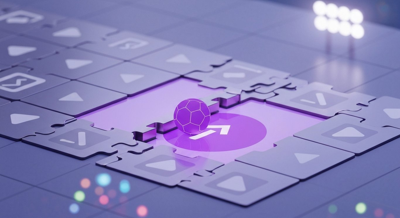 Interlocking tiles merging into one screen beside a sports ball and an upward arrow on a soft purple gradient