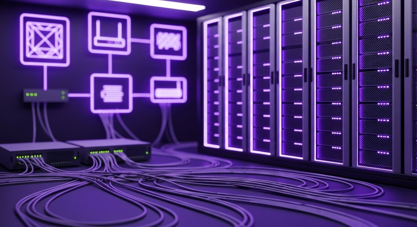Modern server racks with glowing lights and network cables set against a soft purple-toned background