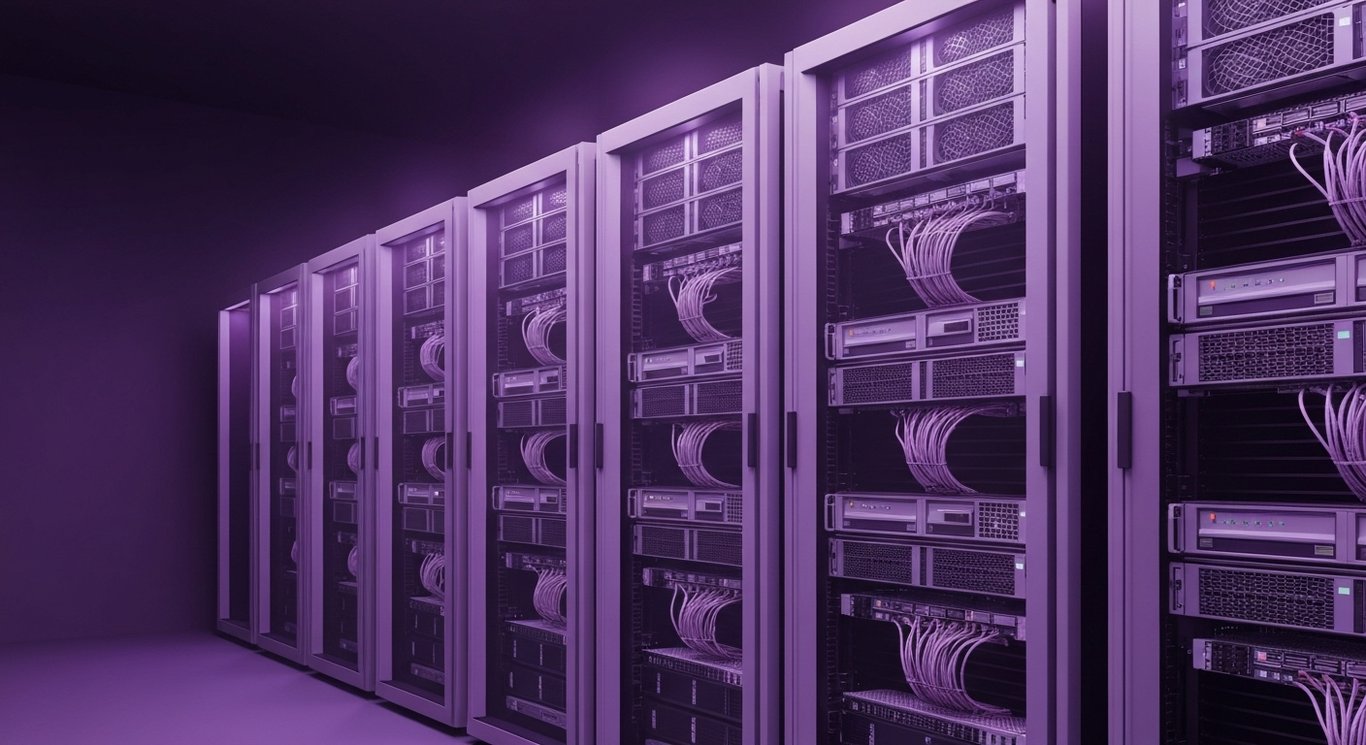 Modern server racks featuring high-tech cooling in a sleek room with soft purple ambient lighting