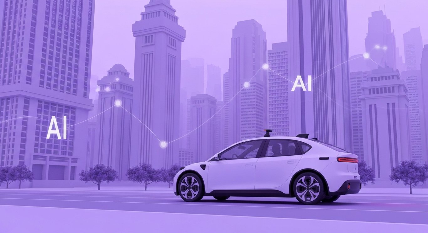 Autonomous electric car in a city with futuristic buildings and subtle AI-inspired elements