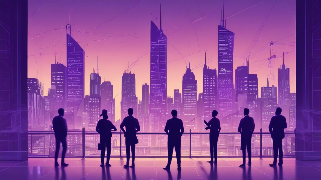 Engineering team reviews digital blueprints in front of futuristic cityscapes blending US and Australian elements