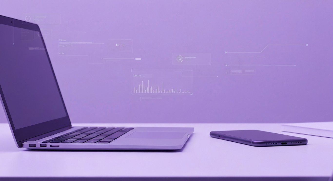 Laptop and smartphone on a sleek desk with a soft purple gradient digital-themed background