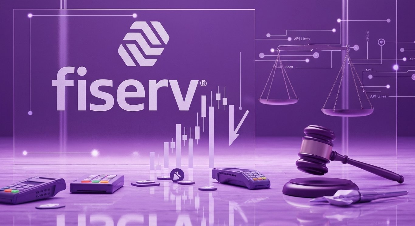 Fiserv logo with securities litigation themes, falling stock chart, merchant GPV and Finxact signals, highlighting market re价