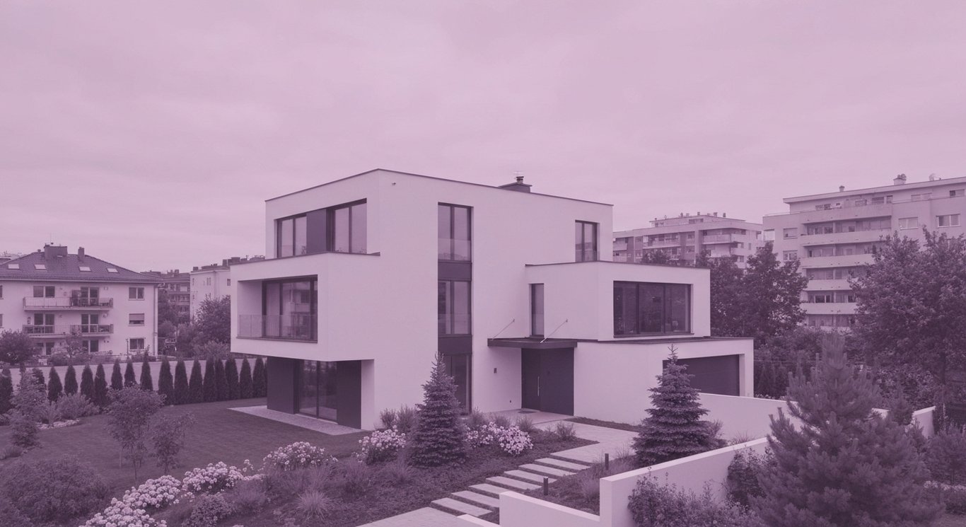 Modern luxury house with landscaped gardens and multifamily buildings in the background