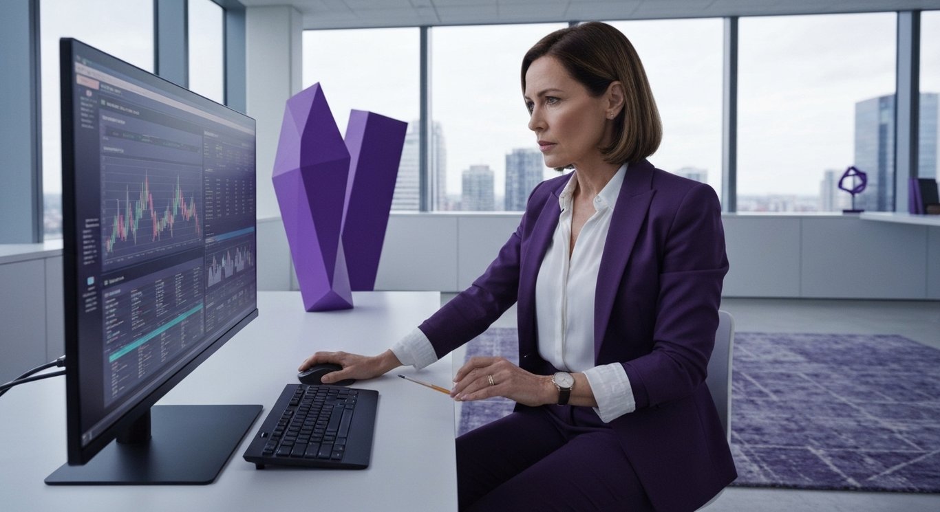 Businesswoman studies digital financial charts in a modern office with purple highlights