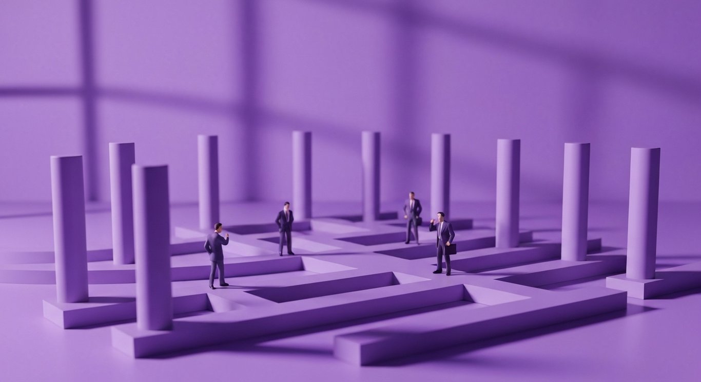 Businessman figurines navigating maze pathways with pillars in a sleek office, purple tones