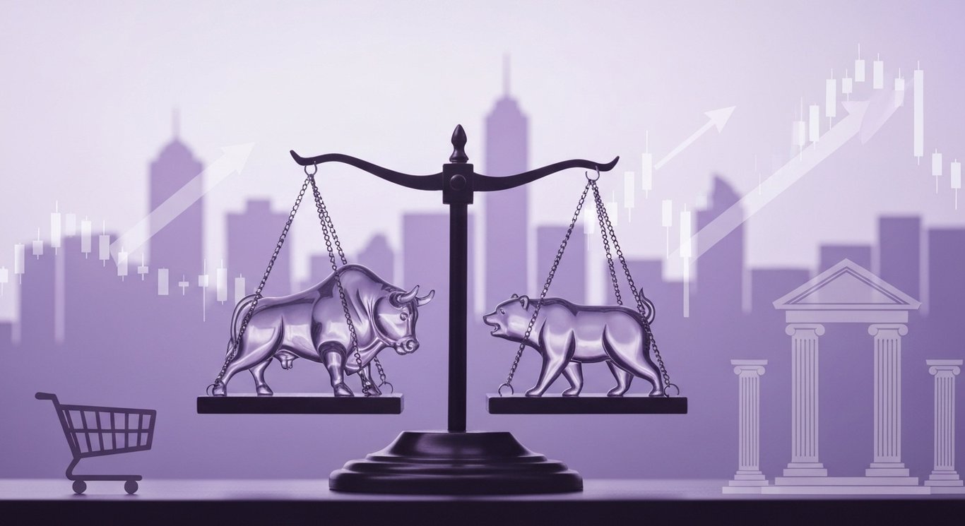 Glass bull and bear sculptures on a scale with skyline, faint candlesticks, diverging arrows, subtle columns and cart