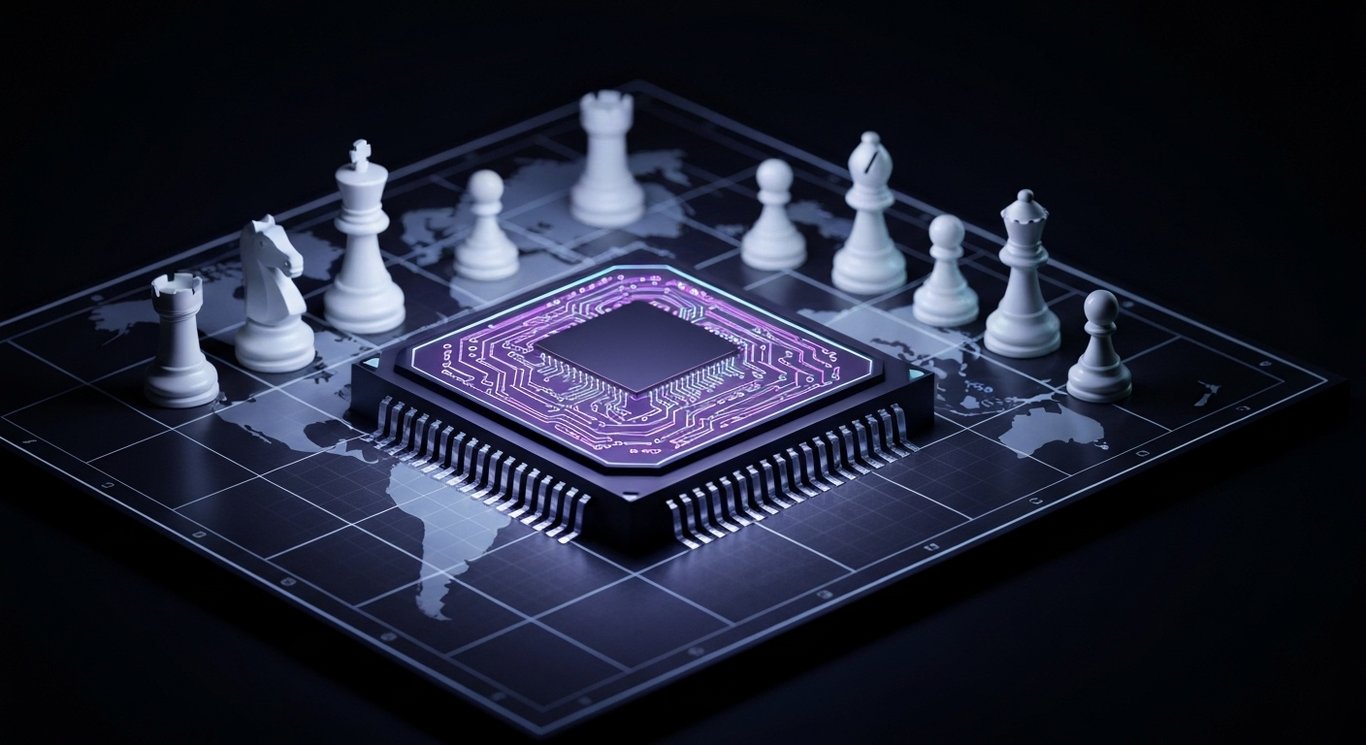 Semiconductor chip on stylized chessboard with opposing pieces and faint world map grid under soft purple lighting.