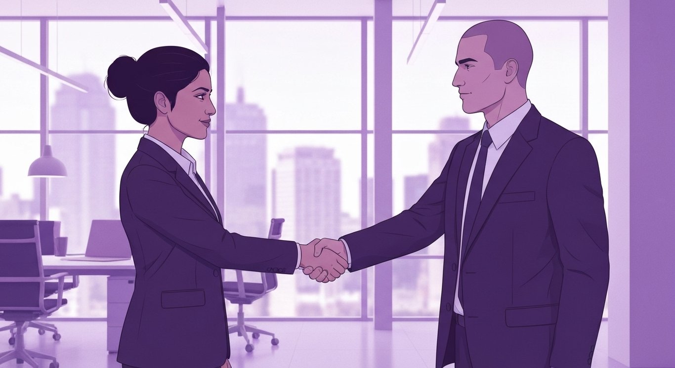 Two businesspeople shaking hands in a modern office with a soft purple cityscape in the background