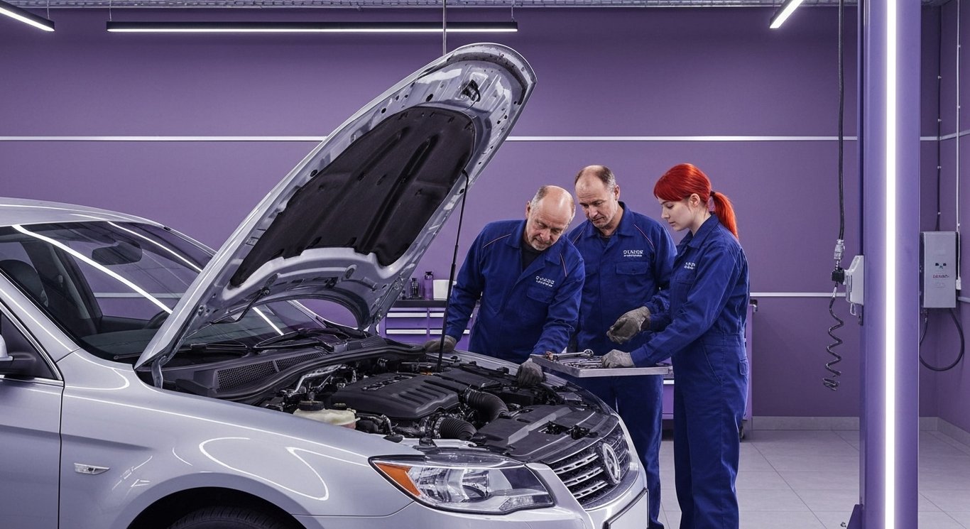 Silver sedan with hood open, mechanics inspecting engine in modern service center with purple accents