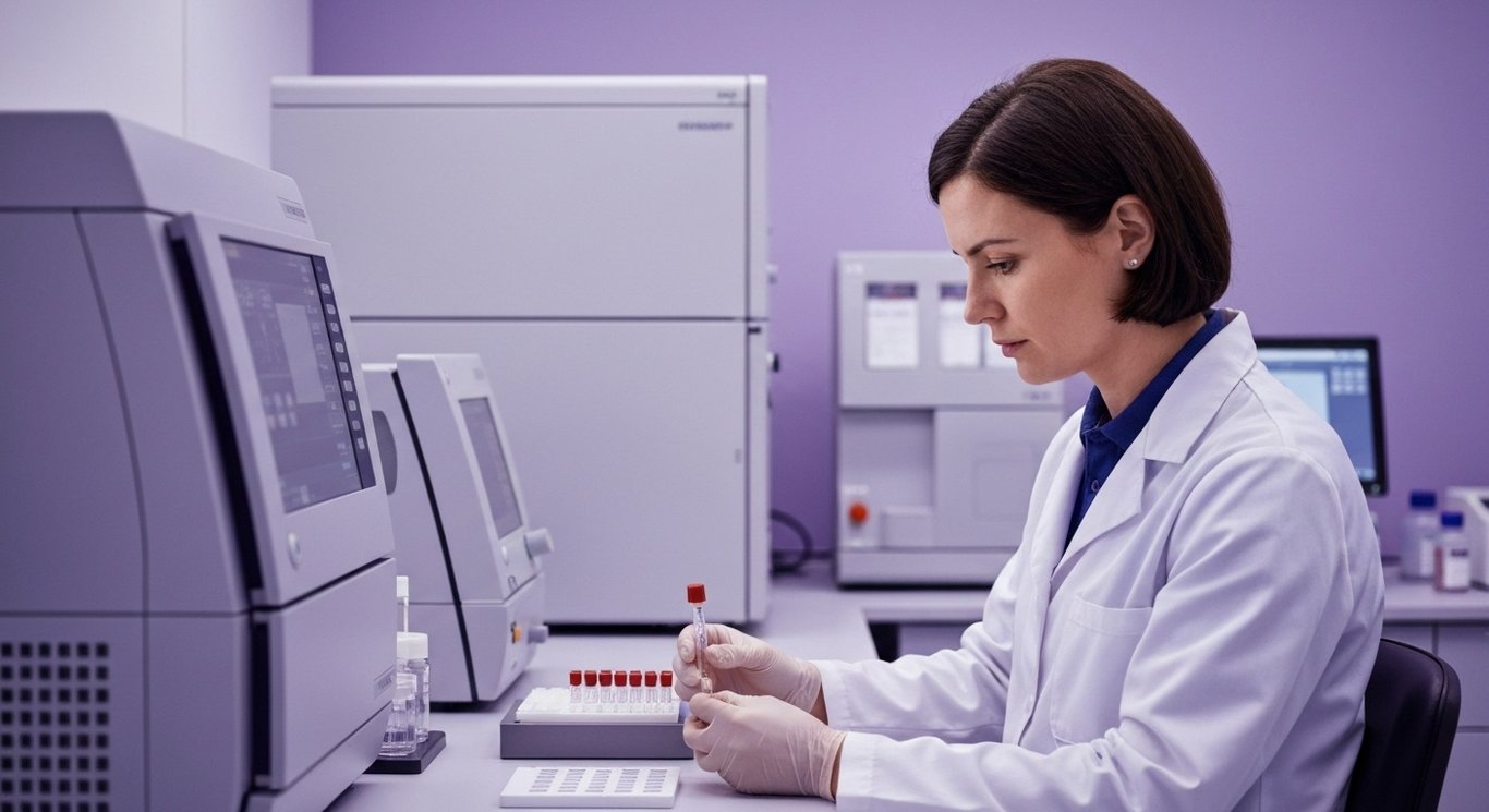 Laboratory scientist analyzing blood samples in a modern lab with automated equipment