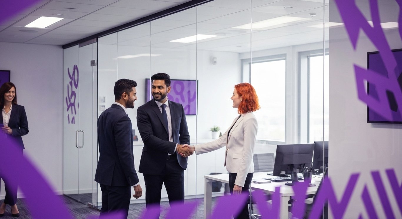 Business professionals shaking hands in a modern office with purple accents