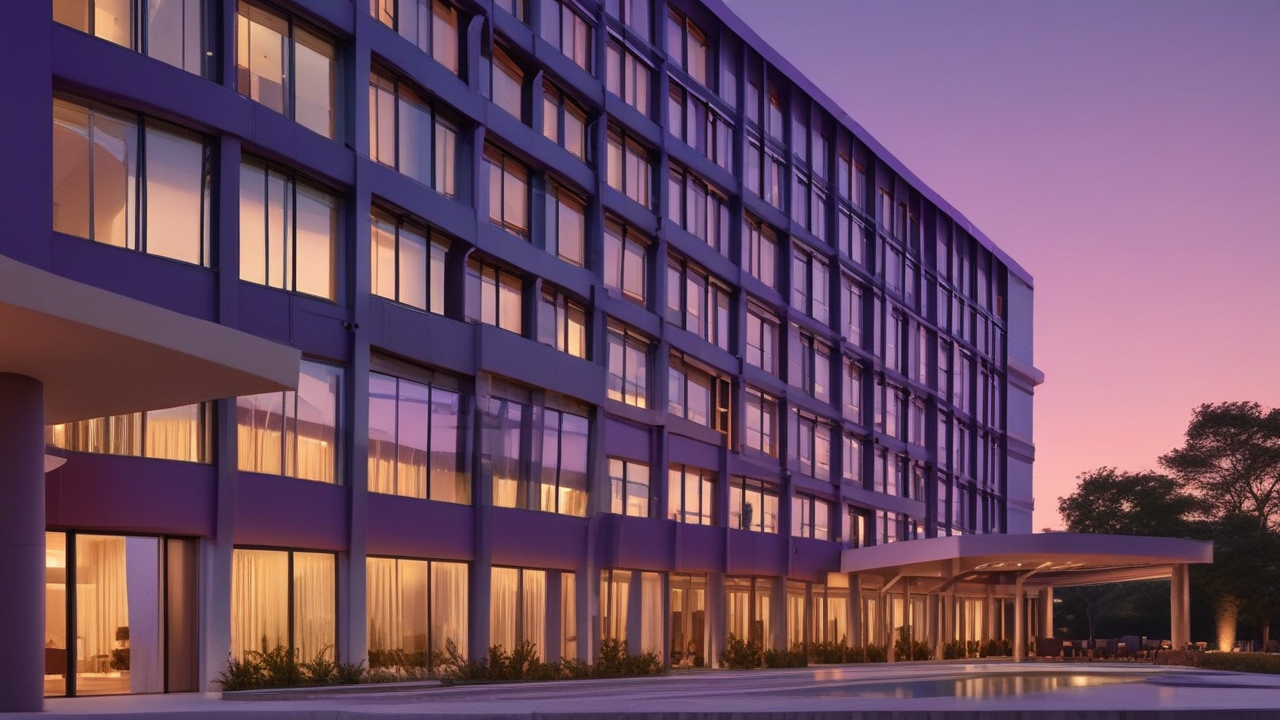 Marriott International strategic expansion, recession risks, and market outlook. Image of a luxury hotel at dusk.