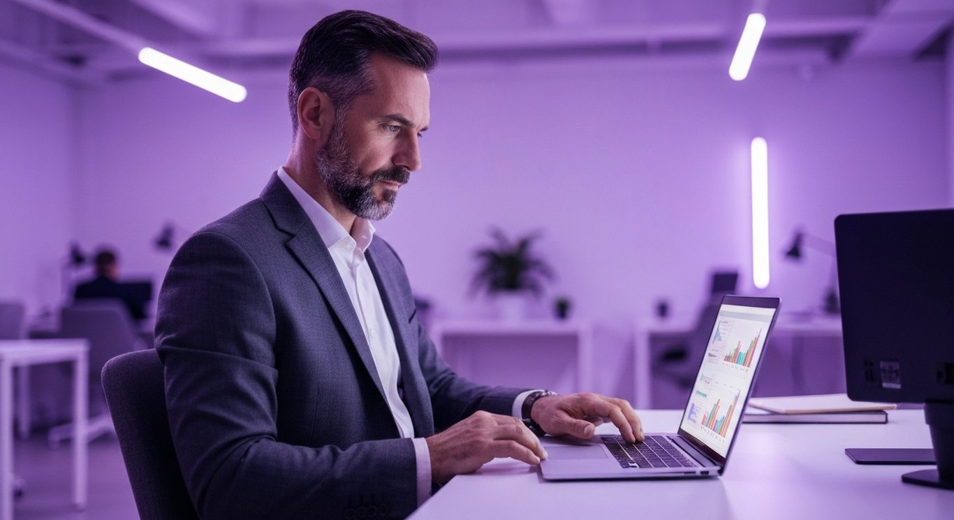 Business professional studying financial charts on laptop in modern office with purple lighting