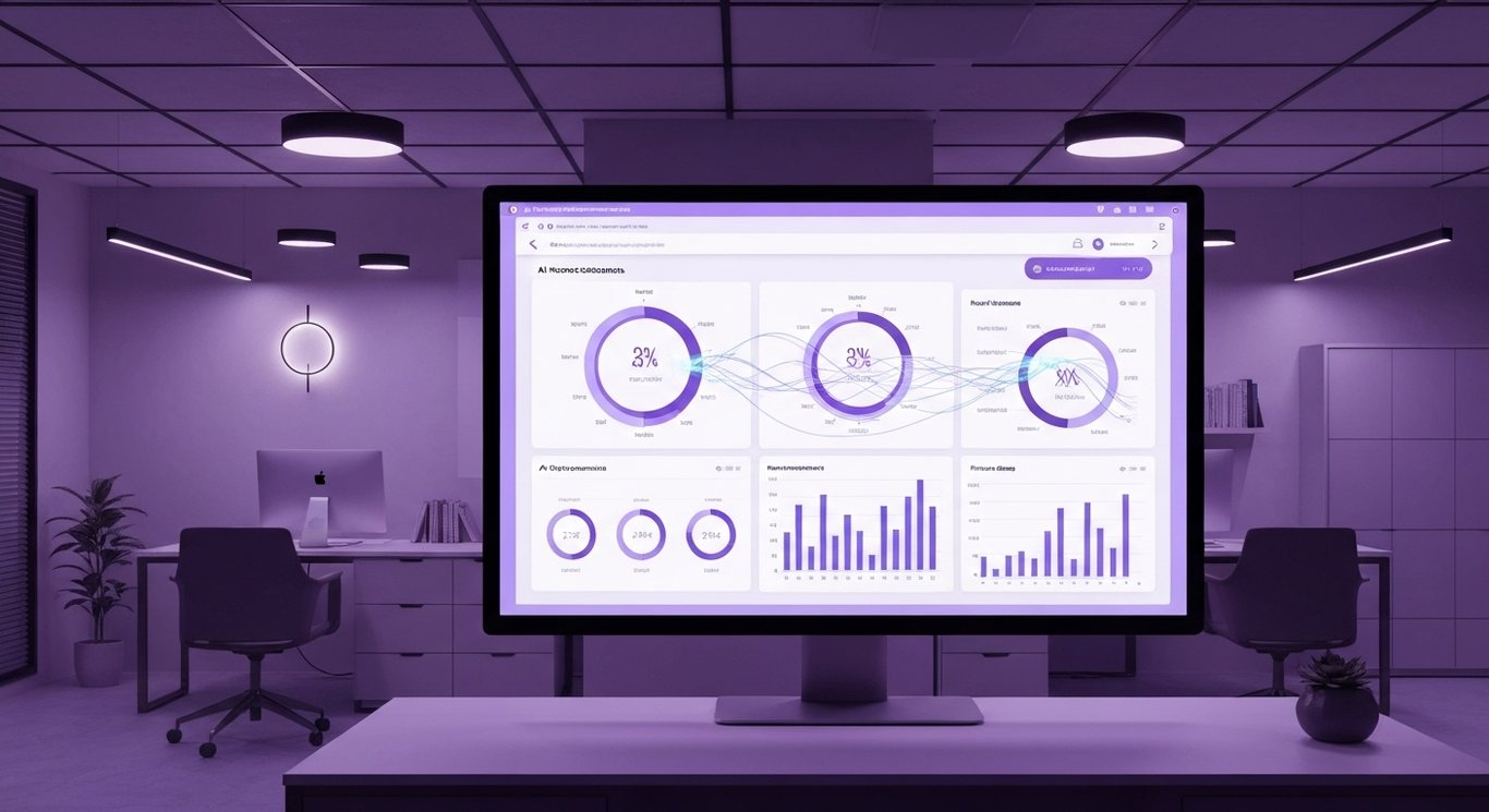 Marketing dashboard with charts and AI elements in a modern office with purple lighting