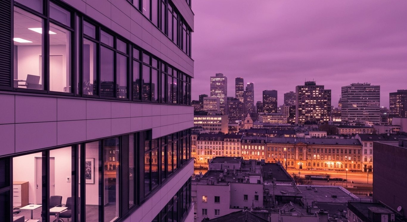 Modern office buildings illuminated in a city with a minimalist purple color scheme