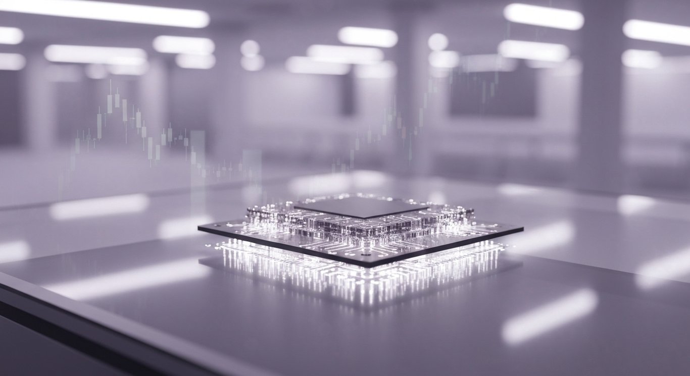 Processor on reflective glass with soft data-center lights and faint market graph bokeh