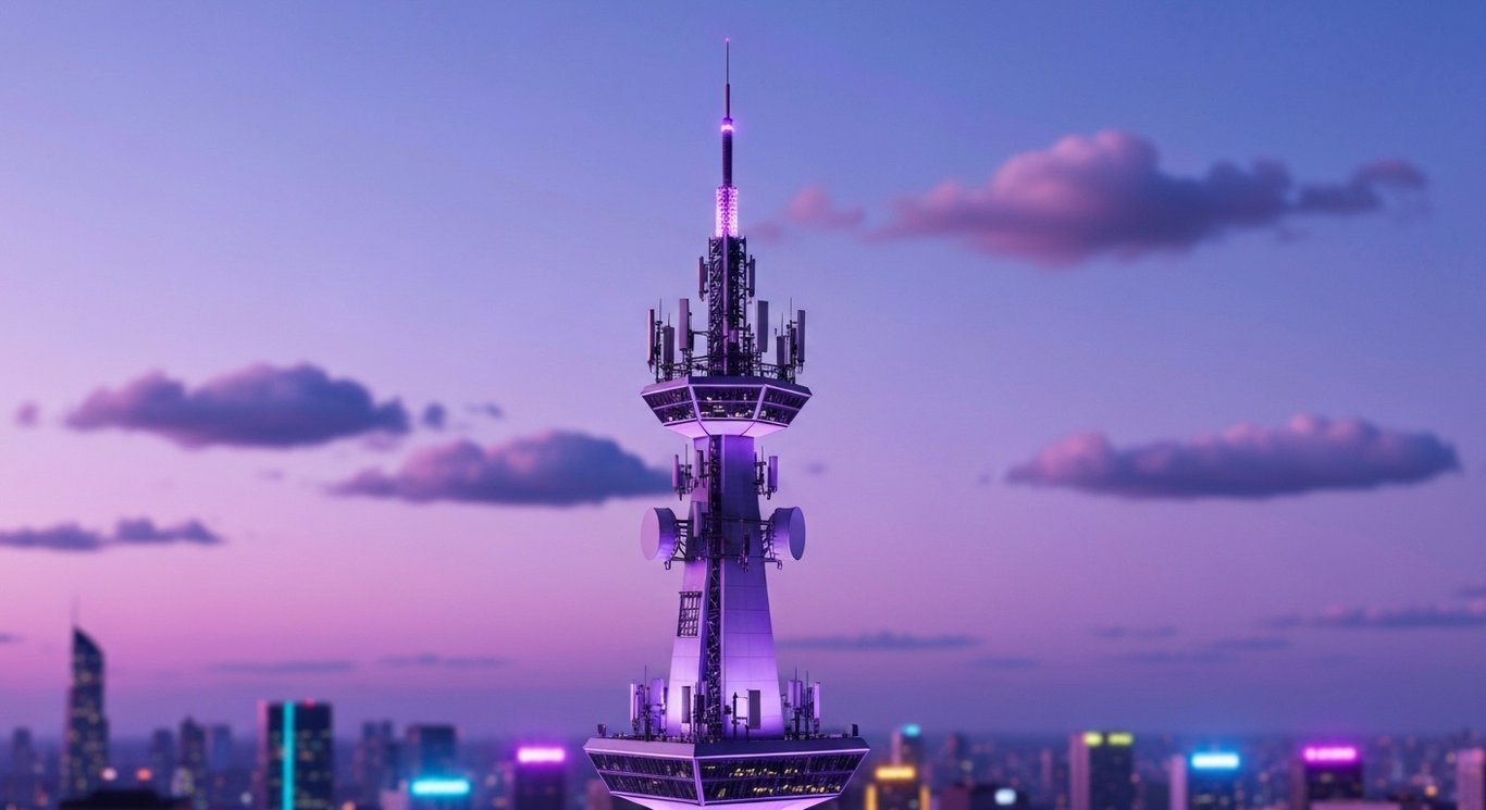 Telecommunication tower rises above a futuristic city skyline at dusk with subtle purple lighting