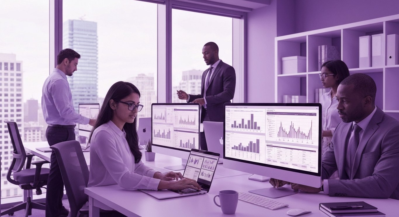 Modern office with professionals reviewing data on screens, cityscape visible through large windows