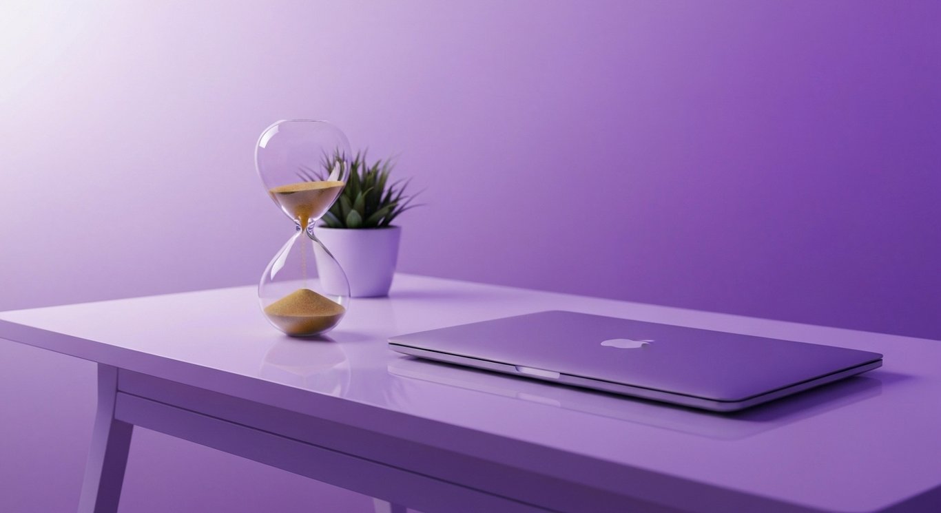 Hourglass on a modern desk beside a laptop and potted plant with a soft purple gradient background