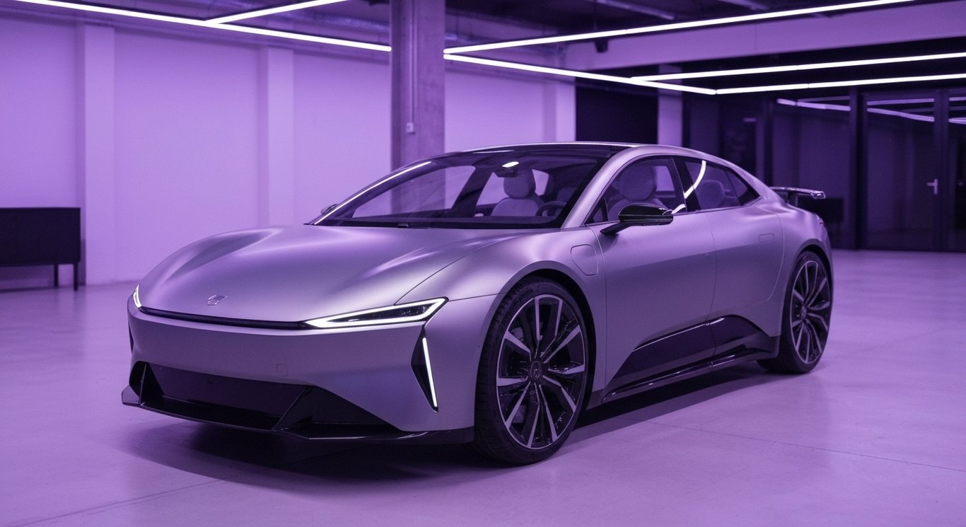 Sleek electric car model displayed in a modern showroom with a soft purple-lit background