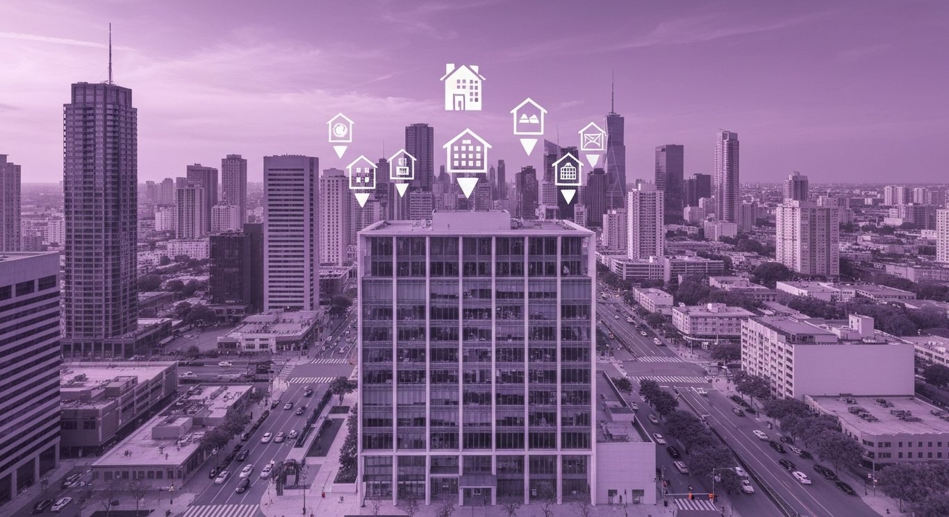 Modern office building in urban setting with digital real estate icons floating above