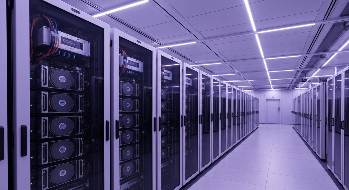 Server racks with advanced GPUs in a spacious data center glowing with soft purple lighting