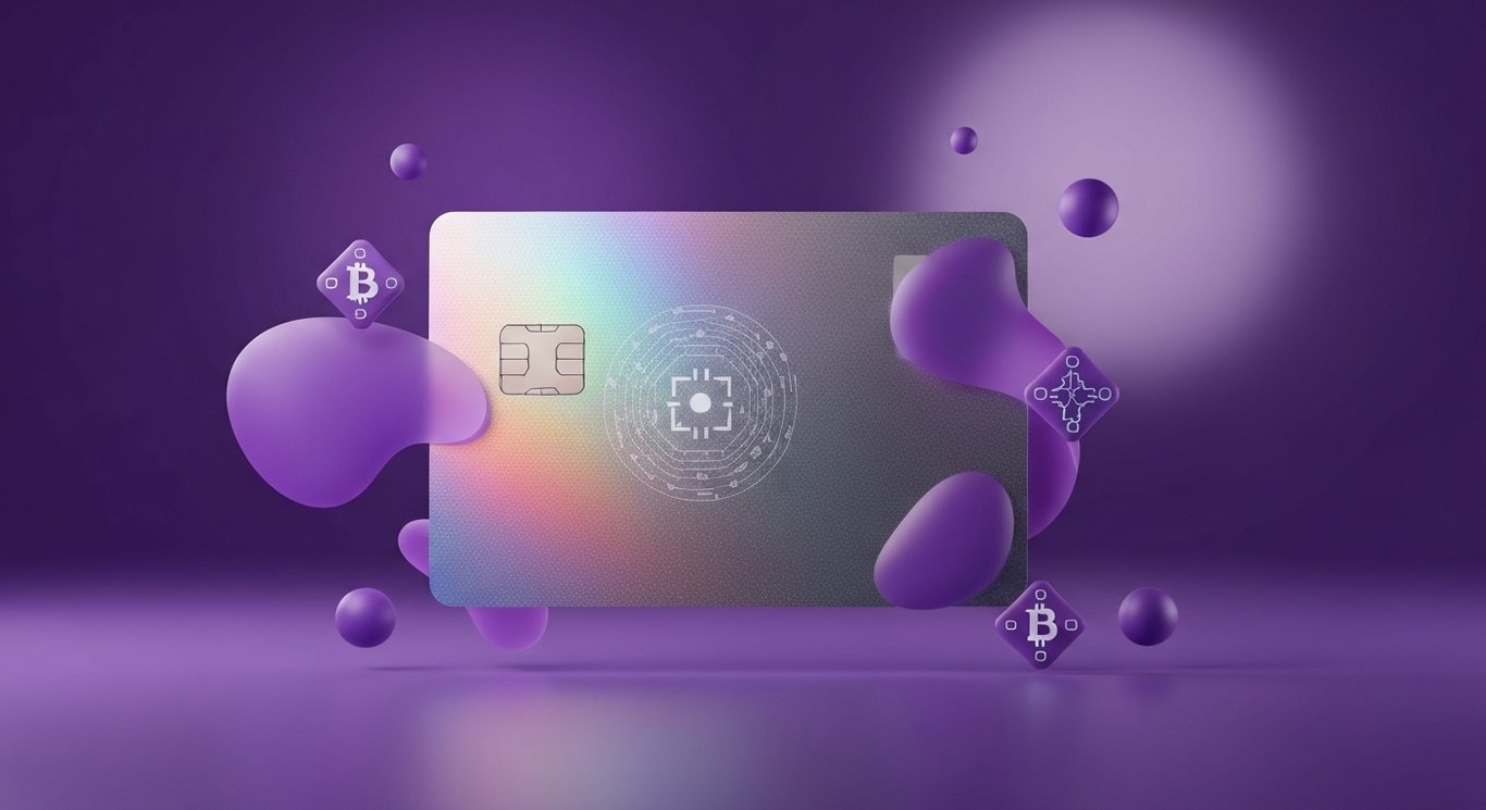 Digital payment card with holographic glow amid abstract blockchain icons on a modern purple background