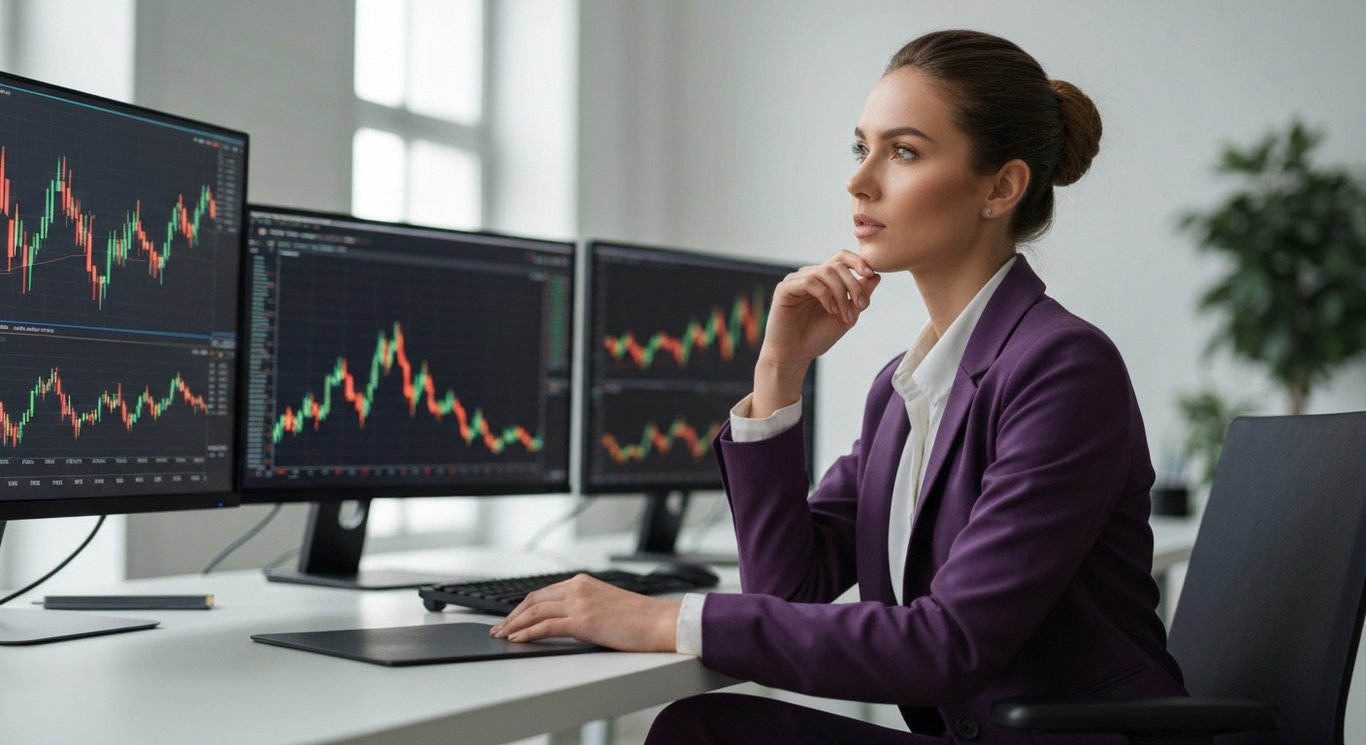 Businesswoman at desk with fluctuating stock charts on screens in a softly blurred purple office environment