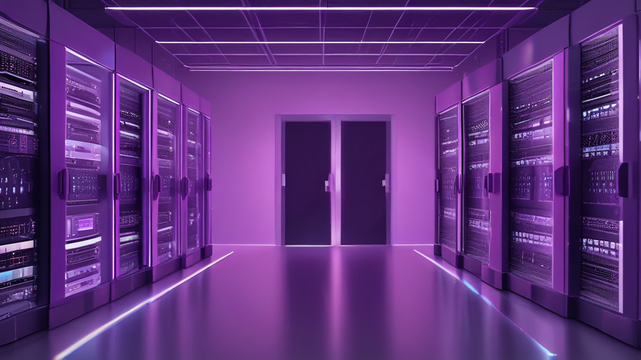 Futuristic AI server standing in a sleek data center illuminated by subtle purple lighting