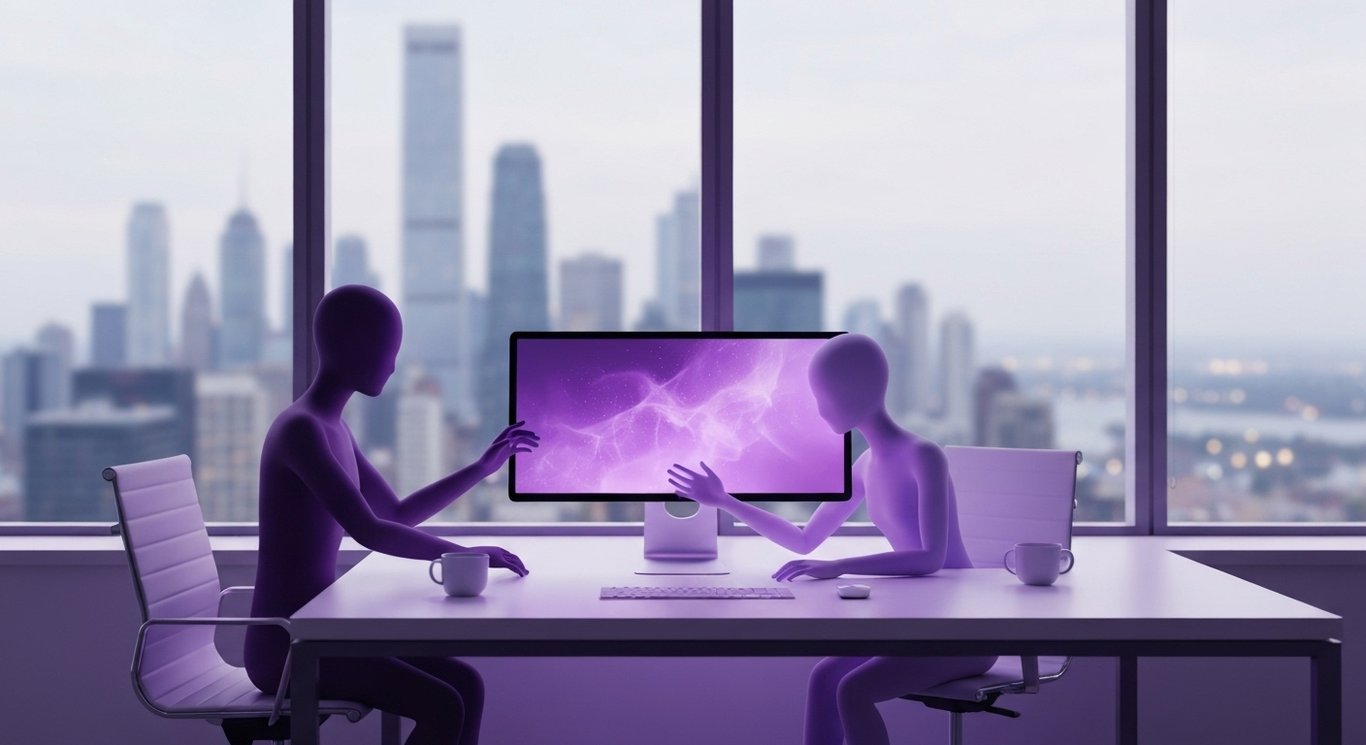 Modern office workspace with two abstract figures at a computer, cityscape visible through large window