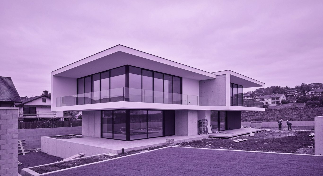 Modern luxury house in a vibrant suburban setting with nearby construction under a purple-toned sky