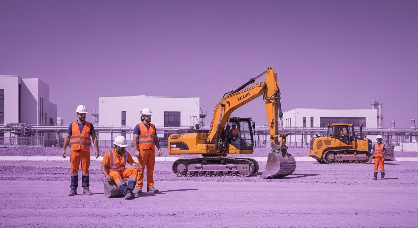 Construction workers at an energy site with data center buildings and machinery against a purple-themed background