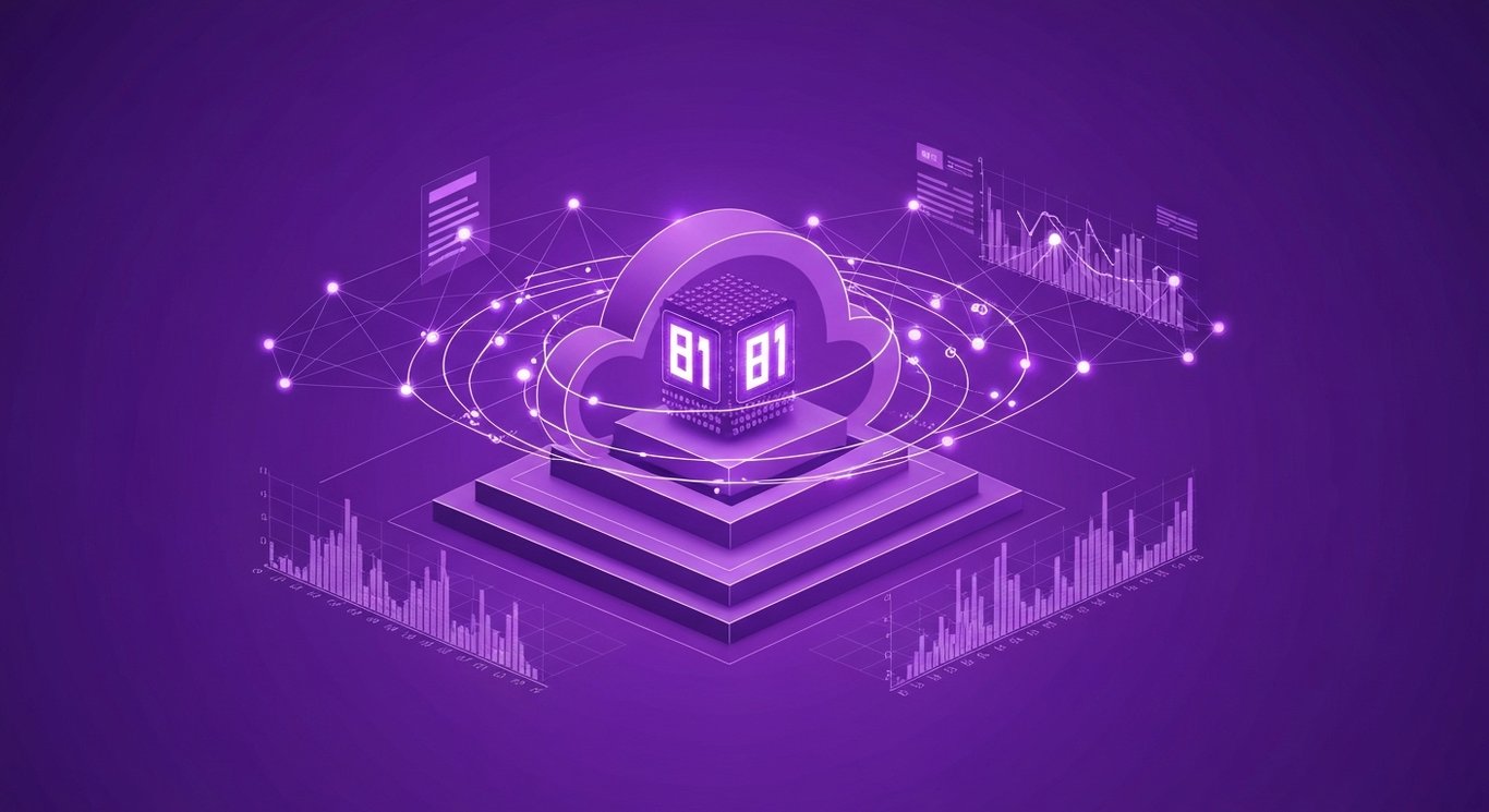 Digital data cloud platform with abstract AI features and glowing network lines on a soft purple background