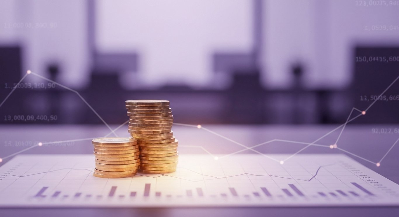 Stack of gold coins and financial charts in front of a purple-hued abstract office background