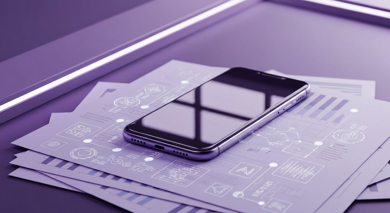 Modern smartphone on document stack with abstract AI icons in a softly lit futuristic office