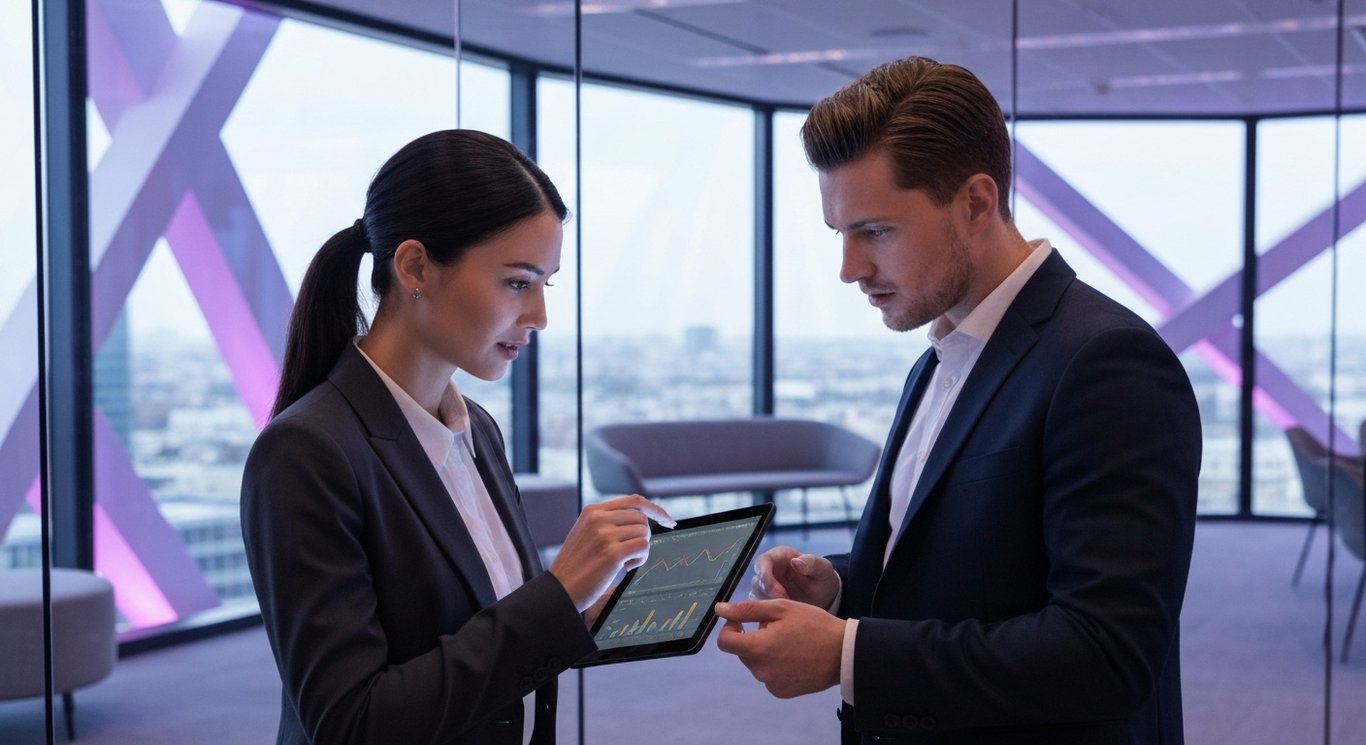 Two business analysts review data on a tablet in a modern office with soft purple lighting